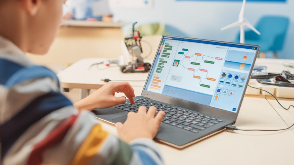 An IT professional uses a laptop to program software in a flow chart.
