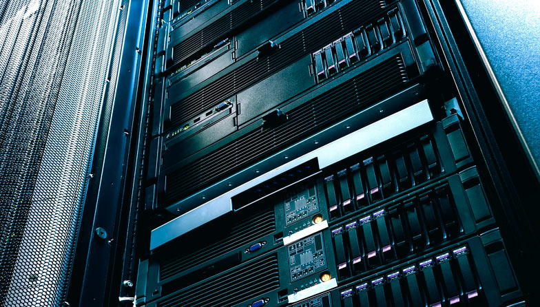 Server technology in datacenter from bottom view with depth of field